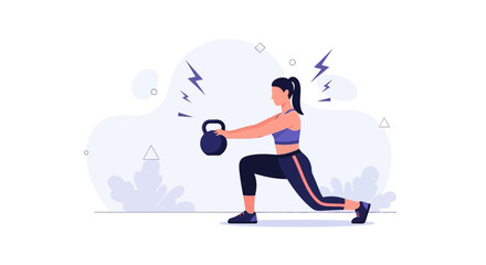 Fototapeta premium Woman performing kettlebell lunge exercise with energetic lightning bolts symbolizing strength and effort, flat vector illustration