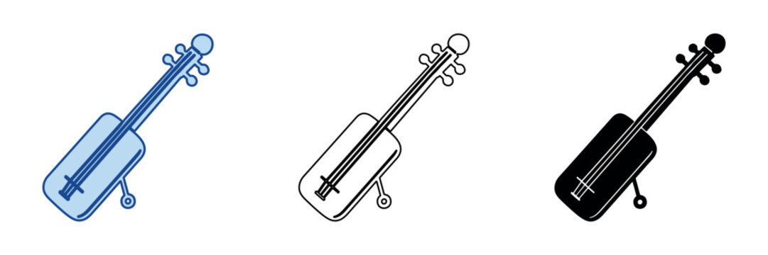Set of three icons representing a traditional stringed instrument in different styles