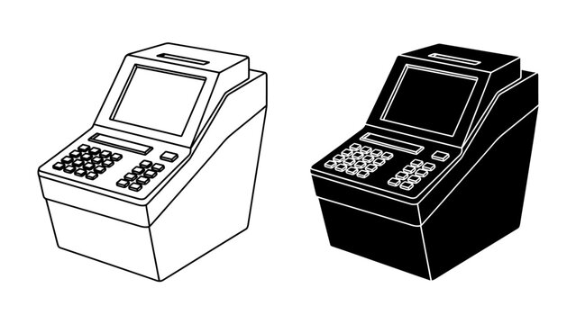 ATM and POS Machine Comparison: A side-by-side illustration shows a white outline and a black silhouette of an Automated Teller Machine (ATM) and a Point of Sale (POS) terminal.