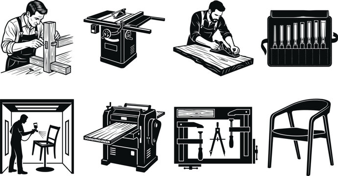 Carpentry and furniture making illustrations set featuring woodworker tools and workshop machinery