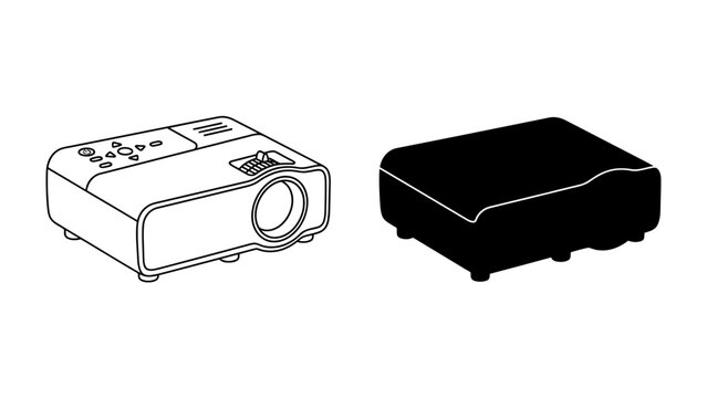 Projector and Screen: A detailed line drawing and silhouette of a projector and a screen, highlighting the components of a presentation setup.