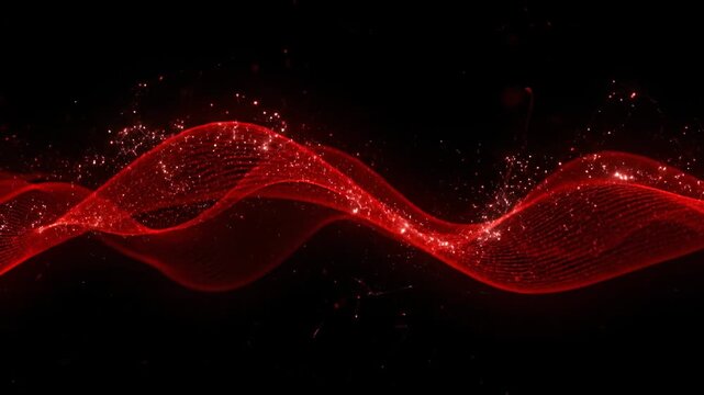 Glowing red wave formed by particles against a black background
