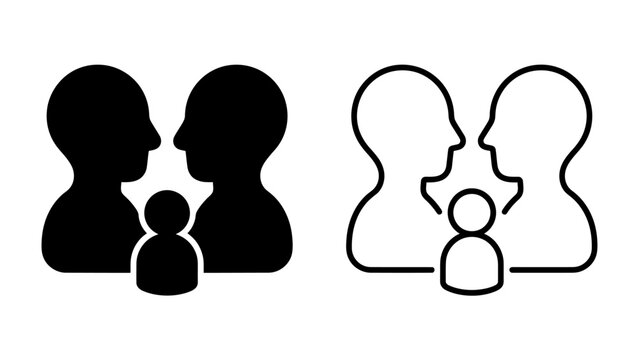 Family Icon Set: A graphic representation of a family unit, featuring two adult figures and one child figure, depicted in both solid black and outline styles.