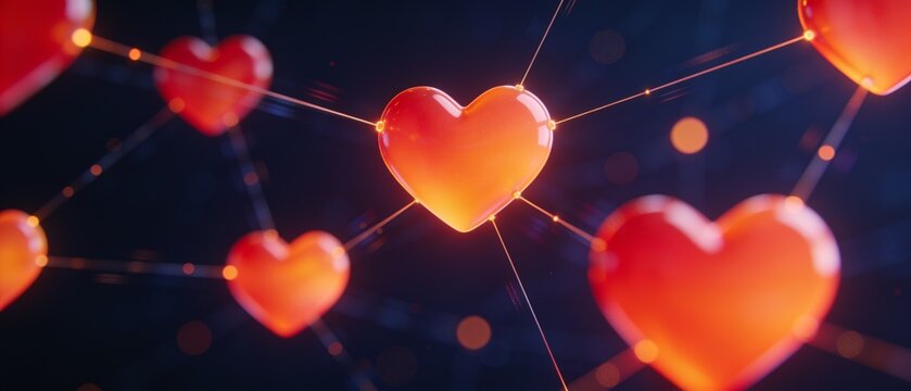 Abstract 3D rendering of interconnected glowing hearts representing love and social connection