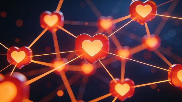 Abstract 3D Digital Illustration of Glowing Red Hearts Connected by Network Lines Representing Love and Social Connection
