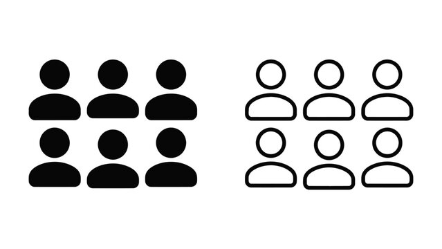 Group of People Iconography: A clear, simple depiction of two sets of six simplified human figures, one in solid black and the other in outline, representing people, population, or groups.
