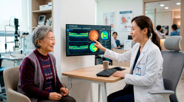 Ophthalmologist showing retinal scan results to elderly patient in clinic