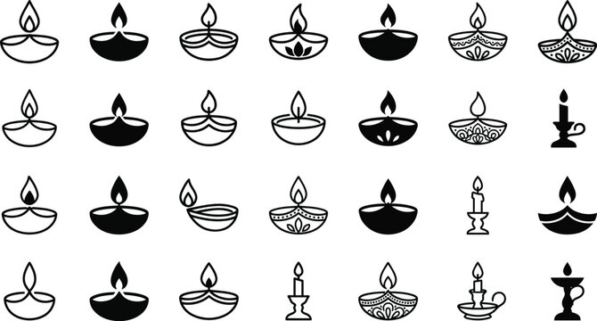 Ornate Diwali Diya Lamp Black Silhouette Stencil Grid Set