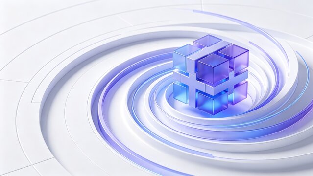 Futuristic glass cube technology structure on circular digital platform, idea for cloud infrastructure, enterprise computing and IT innovation