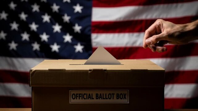 Hand placing ballot paper into official ballot box with American flag in background voting concept
