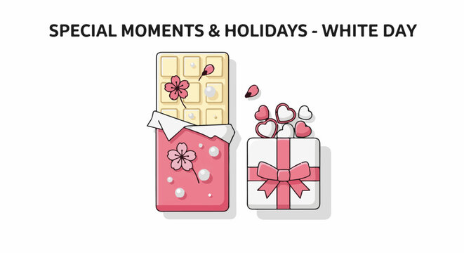 A stylized illustration of white chocolate bar with pink floral decorations and a gift box filled with heart-shaped cand