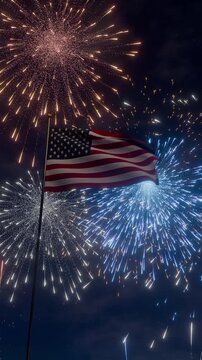 Fireworks behind american flag during independence day party
