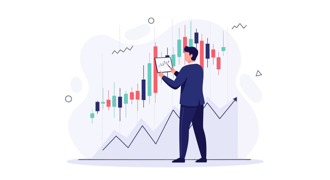 Business analyst studying financial stock market candlestick chart and growth arrow, vector illustration