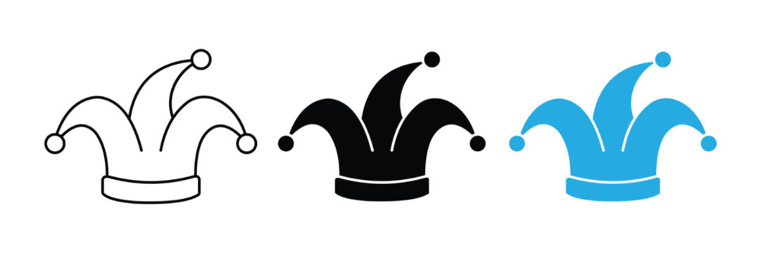 Jester Hat Icon Set &ndash; Joker Hat, Carnival Cap, Medieval Clown, Festival Costume, Outline & Silhouette Vector Collection