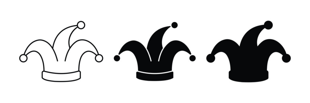 Jester Hat Icon Set &ndash; Joker Hat, Carnival Cap, Medieval Clown, Festival Costume, Outline & Silhouette Vector Collection