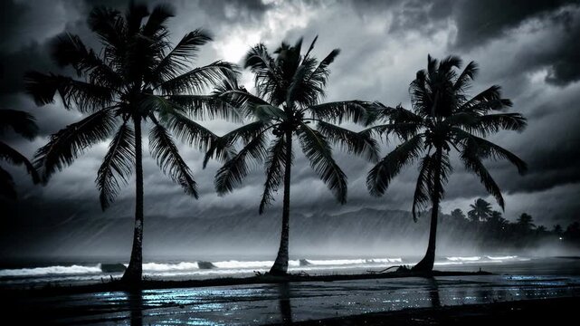 Stormy tropical beach with dark clouds rain palm trees and ocean waves at night