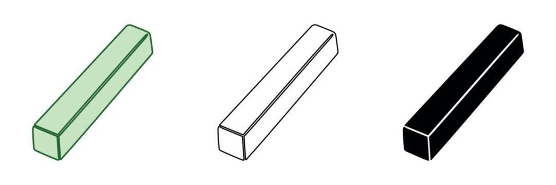 Three different styles of a rectangular prism: filled green, outline, and solid black