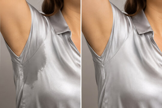 Woman armpit before and after hyperhidrosis treatment. Comparison of wet sweat stain on shirt versus dry clean fabric. Medical aesthetic procedure for excessive sweating symptom control.