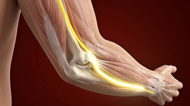 3D medical animation of ulnar nerve pathway through elbow joint showing cubital tunnel anatomy on dark red background