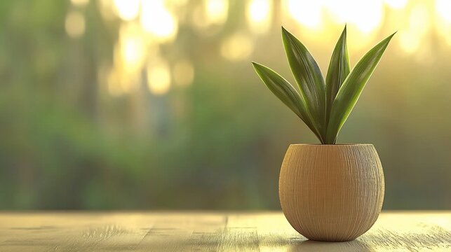 Small plant in wooden pot on table, sunset background.