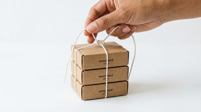 A hand holding a stack of three small, tied cardboard boxes labeled "WHOLESALE" on a white background.