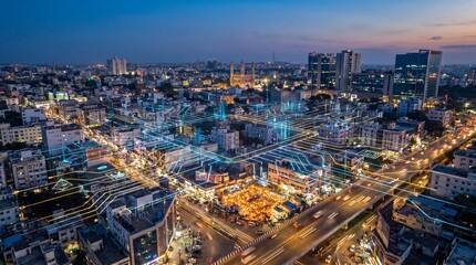 Obraz premium Smart City India Aerial View with Digital Overlay Concept