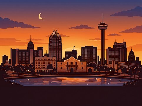 San antonio texas skyline silhouette cityscape with tower of americas and alamo historical landmarks illustration.