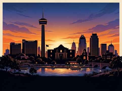 San antonio texas skyline silhouette cityscape with tower of americas and alamo historical landmarks illustration.