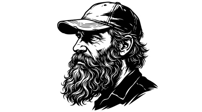 Profile portrait bearded man in hat.