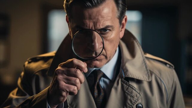 Serious detective inspecting with magnifying glass in trench coat and tie investigation concept