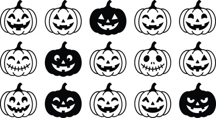Set of black and white jack o lantern pumpkin faces for spooky halloween party decoration © mst