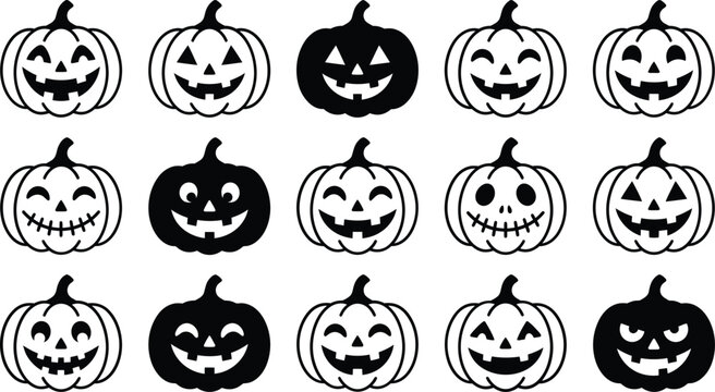 Set of black and white jack o lantern pumpkin faces for spooky halloween party decoration