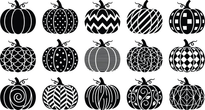 Set of fifteen black and white pumpkin icons with various patterns for autumn and halloween