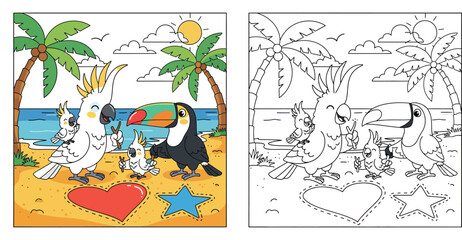 Adorable Cartoon Tropical Birds on a Sunny Beach with Palm Trees and Ocean View © MstSangita