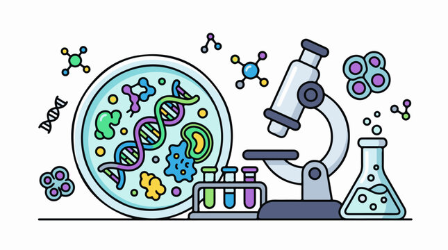 Cartoon illustration of a microscope petri dish with DNA and lab equipment