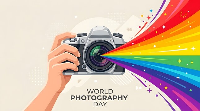 Vibrant world photography day illustration with camera and rainbow light