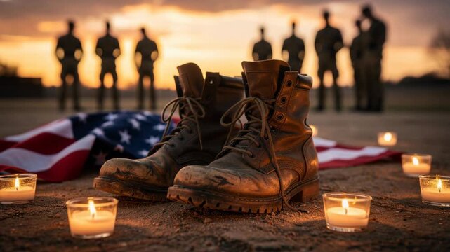 Military tribute with worn boots candles and American flag at sunset honoring soldiers and veterans