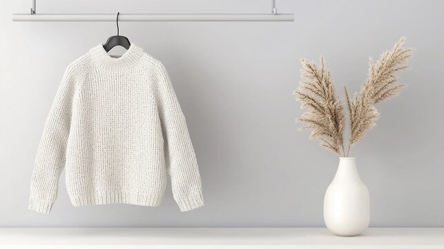 White knit sweater on hanger with pampas grass.