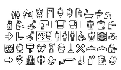Fototapeta premium Modern Bathroom and Restroom Outline Icons Collection with WC Toilet Lavatory and Public Facility Symbols
