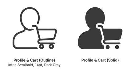 User Profile and Shopping Cart Icon: A clean design showcasing two versions of a user profile icon integrated with a shopping cart symbol, representing online shopping and e-commerce. © Tahura