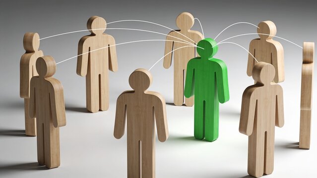 Symbolic representation of a green figure leading a network of wooden people, illustrating central influence, teamwork, and communication within an organization or social group