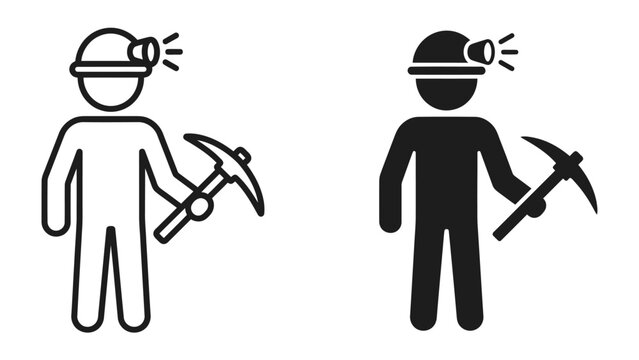 Miner Icon: Simple graphic representation of a miner figure wearing a helmet with a headlamp and holding a pickaxe, symbolizing mining and labor.
