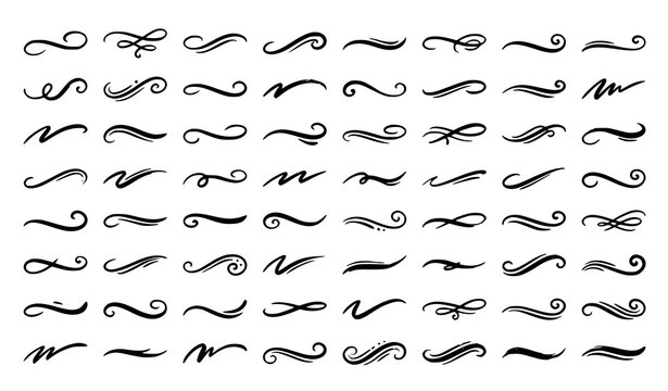 Hand Drawn Decorative Swash Lines Collection with Elegant Flourishes Curved Strokes and Divider Elements