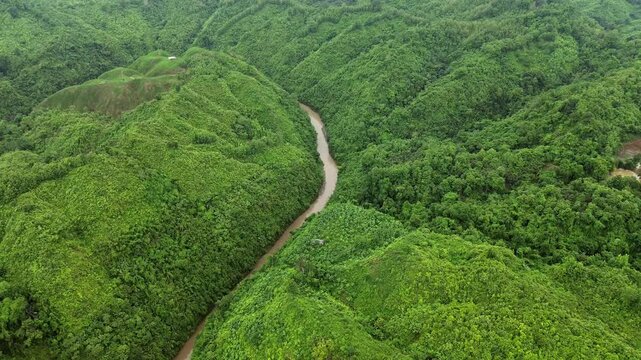 Aerial View of Matamuhuri River Flowing Through Green Hills in Bangladesh