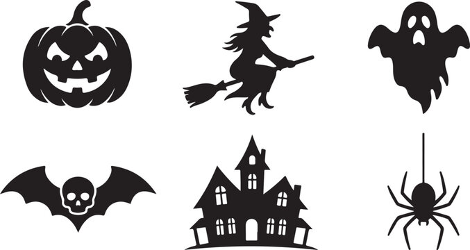 Halloween silhouette icons, spooky holiday vector set, black decals isolated on Transparent Background