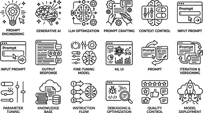 AI Prompt Engineering line icon set for Generative AI interface, LLM optimization, prompt crafting, context control and machine learning UI. Editable line icon collection