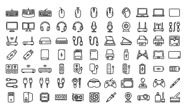 Computer Accessories Line Icon Set PC Devices Editable Stroke Vector Collection