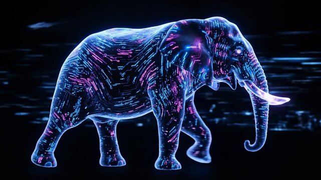 Glowing elephant with circuit board patterns, walking on a dark background