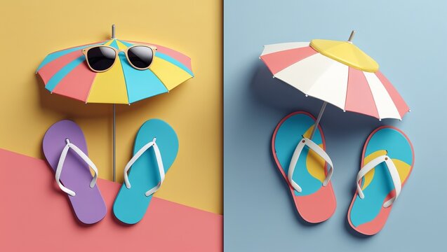 Vibrant summer vacation accessories: colorful flip-flops, beach umbrellas, and sunglasses on bright split backgrounds.