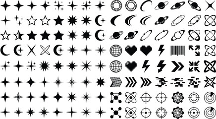 Set of decorative celestial and graphic symbols featuring stars planets and abstract shapes celestial abstract elements astronomy collection decorative universe constellation © tecna